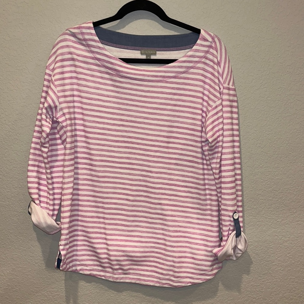 Talbots. M. Button sleeve. Purple and white strip. Like new.